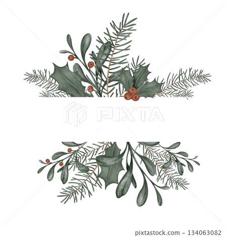 Watercolor Christmas or new year wreath with fir branches and place for text. Illustration for greeting cards with and invitations isolated on white background. Tree branches and red berry of ilex. 134063082