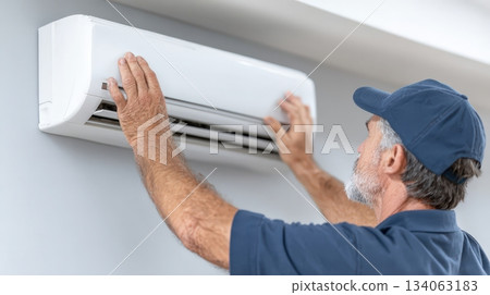 Technician services air conditioning unit in residential indoor space 134063183