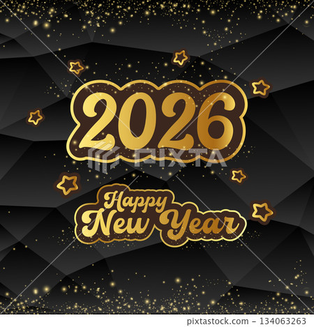happy 2026 New year stylish black square banner with golden text and number 2026. Vintage Gold New year day motto sticker, tag, retro label, banner, ribbon, label png with quote. New year text banner 134063263