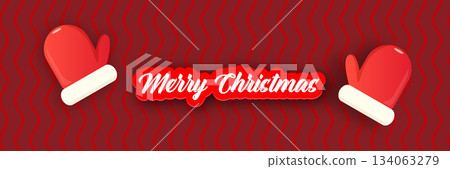 Merry Christmas horizontal banner and flyer vector design with cute kids warm red mittens on red abstract geometric background and greeting text. Vector merry Christmas cartoon banner with gloves Merry Christmas horizontal banner and flyer vector design with cute kids warm red mittens on red abstract geometric background and greeting text. Vector merry Christmas cartoon banner with gloves 134063279