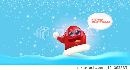 Vector cartoon monster Santa Claus red hat character with sunglasses and speech bubble isolated on blue Christmas background with snow and snowflakes. Merry Christmas greeting card, poster and banner Vector cartoon monster Santa Claus red hat character with sunglasses and speech bubble isolated on blue Christmas background with snow and snowflakes. Merry Christmas greeting card, poster and banner 134063285