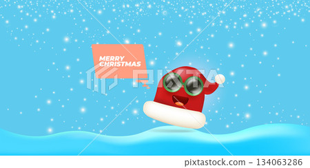 Vector cartoon monster Santa Claus red hat character with sunglasses and speech bubble isolated on blue Christmas background with snow and snowflakes. Merry Christmas greeting card, poster and banner 134063286