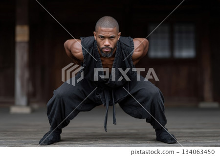 Martial artist performs a deep lunge in a traditional dojo during training session 134063450