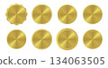 Set of eight shiny gold medals or seals with different decorations 134063505
