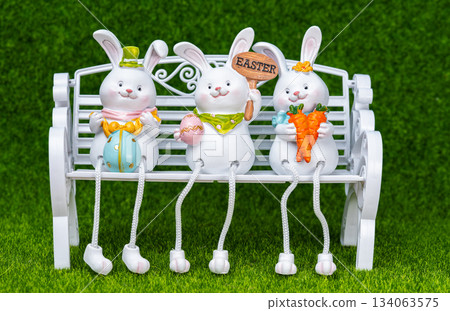 Easter decoration with bunnies and eggs. Easter decoration with bunnies and eggs. 134063575