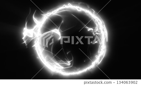 Glowing white holographic sphere made of swirling particle ribbons and bright fluid light trails in deep darkness Glowing white holographic sphere made of swirling particle ribbons and bright fluid light trails in deep darkness 134063902