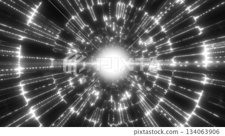 Abstract white glowing tunnel with light particles forming a futuristic energy vortex in motion Abstract white glowing tunnel with light particles forming a futuristic energy vortex in motion 134063906