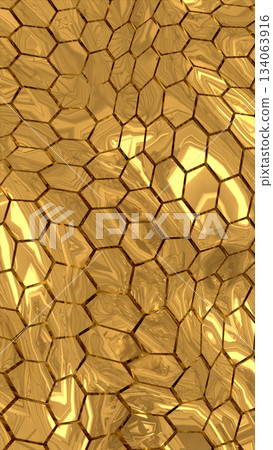 Abstract geometric background with reflective gold hexagonal shapes resembling metallic honeycomb Abstract geometric background with reflective gold hexagonal shapes resembling metallic honeycomb 134063916