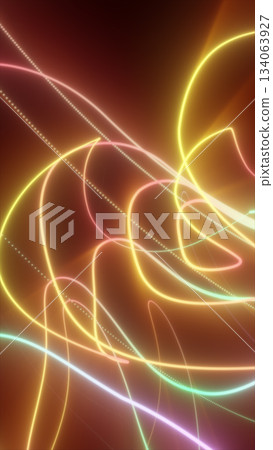 Abstract glowing neon light trails in vibrant colors creating dynamic curved lines on a dark background Abstract glowing neon light trails in vibrant colors creating dynamic curved lines on a dark background 134063927