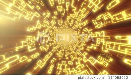 Radiant golden digital tunnel filled with glowing square fragments streaming toward a luminous core 134063930