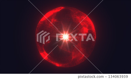 Intense red plasma sphere emitting radiant energy and glowing starburst light in dark space Intense red plasma sphere emitting radiant energy and glowing starburst light in dark space 134063939