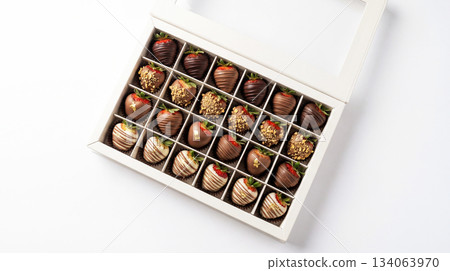 Delicious dessert of strawberries with chocolate in a gift box 134063970