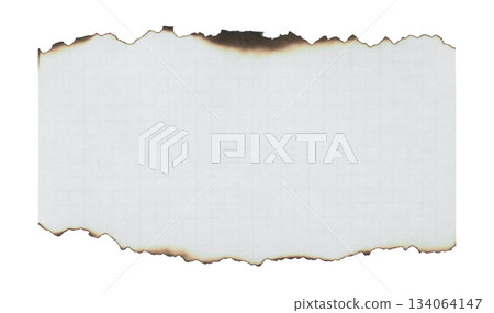 Burnt torn piece of grid notebook paper with charred edges, isolated on transparent background. Suitable for creative design, scrapbooking, collage, and graphic projects 134064147