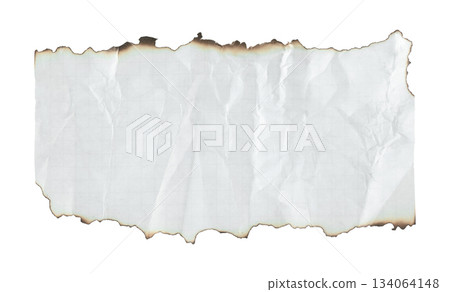 Crumpled torn piece of grid notebook paper with burnt edges, isolated on transparent background. Ideal for creative design, collage, scrapbooking, and graphic projects 134064148