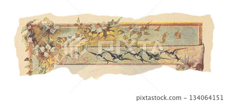 Torn fragment of a colorful vintage artwork with aged textured edges, isolated on transparent background for design and creative projects 134064151