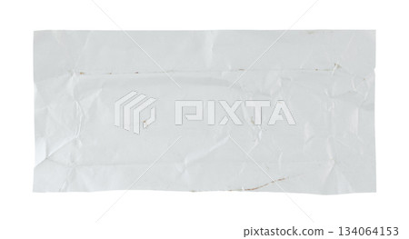 Crumpled chocolate bar wrapper with visible chocolate smudges, isolated on transparent background for food design, advertising, and packaging concepts 134064153