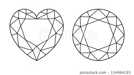 Heart, Circle diamond cut shape icons. Design diagram. Brilliant Heart, Circle shaped modified cut. Set of Precious gemstone outline patterns for jewellery design, branding, packaging, logo, web, app. 134064283