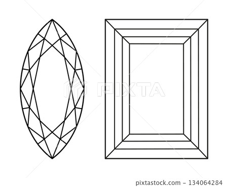 Marquise, Baguette diamond cut shape icons. Design diagram. Brilliant Marquis, Baguette cut. Diamond top view. Precious gemstone outline icon for jewellery design, branding, packaging, logo, web, app. 134064284