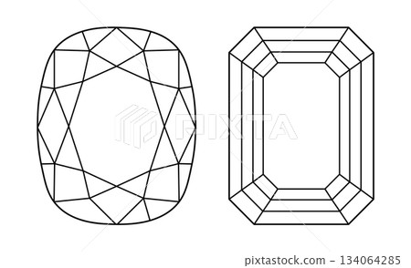 Diamond Emerald, Cushion cut shape icons. Diamond top view. Set of Gemstone outline sample for jewellery design, branding, packaging, logo. Emerald, Cushion brilliant cut flat patterns. Design diagram 134064285
