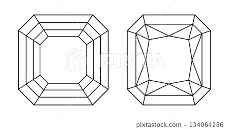 Asscher, Original Radiant diamond cut shapes. Diamond top view. Gemstone outline icons for jewellery design, branding, packaging, logo, digital graphic. Asscher, Original Radiant brilliant cut pattern 134064286