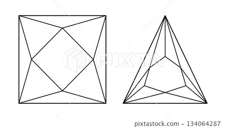 Diamond in Princess, Trillion cut shape. Gemstone outline flat icon for jewellery design, branding, packaging, minimalist logotype. Set of Brilliant Trillion triangular, Princess square cut templates. 134064287