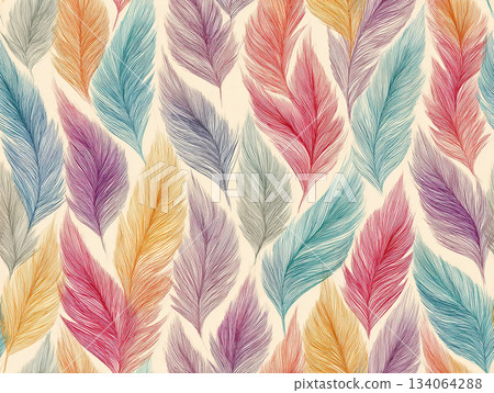 A vibrant, seamless pattern featuring rows of stylized, colorful elements resembling feathers or palm fronds in hues of purple, pink, orange, blue, and green on a beige background. A vibrant, seamless pattern featuring rows of stylized, colorful elements resembling feathers or palm fronds in hues of purple, pink, orange, blue, and green on a beige background. 134064288