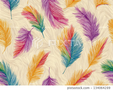 A vibrant, seamless pattern featuring rows of stylized, colorful elements resembling feathers or palm fronds in hues of purple, pink, orange, blue, and green on a beige background. A vibrant, seamless pattern featuring rows of stylized, colorful elements resembling feathers or palm fronds in hues of purple, pink, orange, blue, and green on a beige background. 134064289