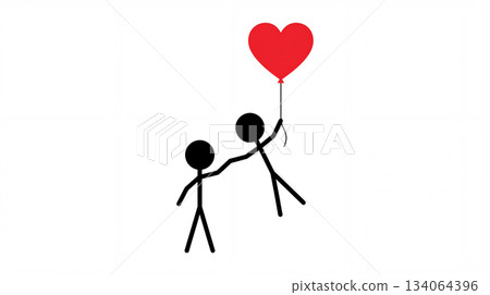 Romantic drawing of a couple being pulled by a heart-shaped balloon 134064396