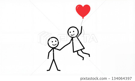 Romantic drawing of a couple being pulled by a heart-shaped balloon Romantic drawing of a couple being pulled by a heart-shaped balloon 134064397