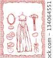 Hand drawn wedding invitation cover template. Red vector outline illustration for the card. Wedding dress, vintage accessories, bridal bouquet, pearls and shells. Poster with space for text Hand drawn wedding invitation cover template. Red vector outline illustration for the card. Wedding dress, vintage accessories, bridal bouquet, pearls and shells. Poster with space for text 134064551