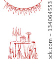 Romantic dinner. Card template with space for text for Valentines Day, weddings, or birthdays. Table with cake, flowers, candelabra, and candles. Red vector outline illustration on a white background. Romantic dinner. Card template with space for text for Valentines Day, weddings, or birthdays. Table with cake, flowers, candelabra, and candles. Red vector outline illustration on a white background. 134064553