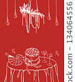 Romantic dinner. A card template with space for text for Valentines Day, wedding, or birthday. An elegantly set table with glasses, wine, cake, and shells. Vector illustration on a red background Romantic dinner. A card template with space for text for Valentines Day, wedding, or birthday. An elegantly set table with glasses, wine, cake, and shells. Vector illustration on a red background 134064556