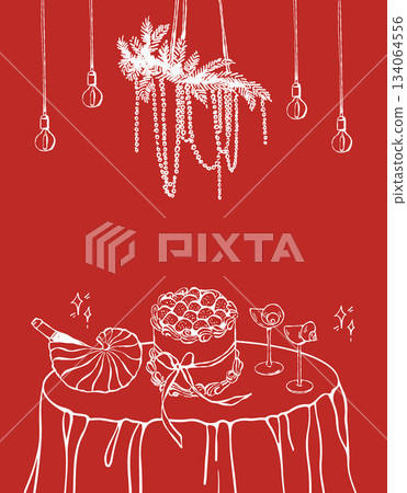 Romantic dinner. A card template with space for text for Valentines Day, wedding, or birthday. An elegantly set table with glasses, wine, cake, and shells. Vector illustration on a red background 134064556