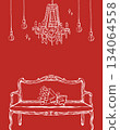 Hand-drawn invitation template for weddings, Valentines Day, and birthdays. Vector outline illustration on a red background. Classic sofa, flower bouquet, crystal chandelier. Romantic interior Hand-drawn invitation template for weddings, Valentines Day, and birthdays. Vector outline illustration on a red background. Classic sofa, flower bouquet, crystal chandelier. Romantic interior 134064558