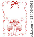 Doodle wedding card template with space for text. A wedding car with the newlyweds, a whimsical frame with a bow. Vector outline illustration in red Doodle wedding card template with space for text. A wedding car with the newlyweds, a whimsical frame with a bow. Vector outline illustration in red 134064561