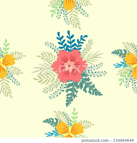 Floral ornament, detailed yellow flowers. Vintage background and old-fashioned floral texture. Repeating design for decor and fabric. Floral ornament, detailed yellow flowers. Vintage background and old-fashioned floral texture. Repeating design for decor and fabric. 134064649