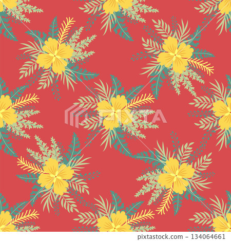 Floral ornament, detailed yellow flowers. Vintage background and old-fashioned floral texture. Repeating design for decor and fabric. 134064661