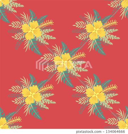 Floral ornament, detailed yellow flowers. Vintage background and old-fashioned floral texture. Repeating design for decor and fabric. 134064666