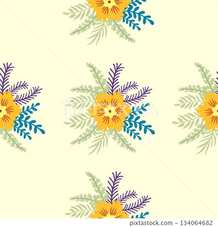 Floral ornament, detailed yellow flowers. Vintage background and old-fashioned floral texture. Repeating design for decor and fabric. Floral ornament, detailed yellow flowers. Vintage background and old-fashioned floral texture. Repeating design for decor and fabric. 134064682