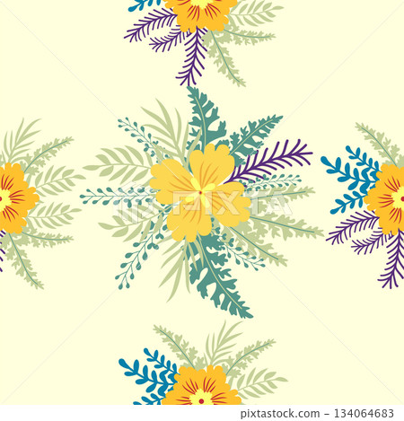 Floral ornament, detailed yellow flowers. Vintage background and old-fashioned floral texture. Repeating design for decor and fabric. 134064683