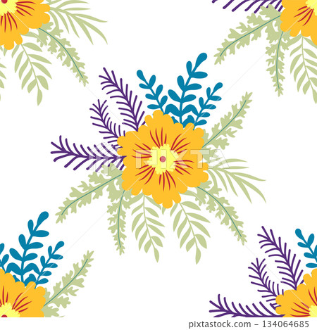 Floral ornament, detailed yellow flowers. Vintage background and old-fashioned floral texture. Repeating design for decor and fabric. 134064685