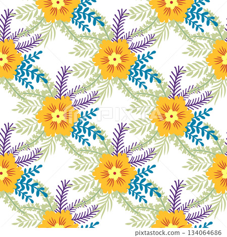 Floral ornament, detailed yellow flowers. Vintage background and old-fashioned floral texture. Repeating design for decor and fabric. Floral ornament, detailed yellow flowers. Vintage background and old-fashioned floral texture. Repeating design for decor and fabric. 134064686