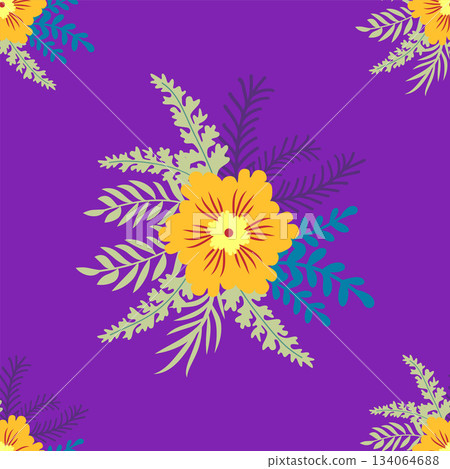 Floral ornament, detailed yellow flowers. Vintage background and old-fashioned floral texture. Repeating design for decor and fabric. 134064688