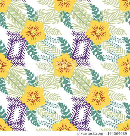 Floral ornament, detailed yellow flowers. Vintage background and old-fashioned floral texture. Repeating design for decor and fabric. Floral ornament, detailed yellow flowers. Vintage background and old-fashioned floral texture. Repeating design for decor and fabric. 134064689