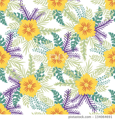 Floral ornament, detailed yellow flowers. Vintage background and old-fashioned floral texture. Repeating design for decor and fabric. Floral ornament, detailed yellow flowers. Vintage background and old-fashioned floral texture. Repeating design for decor and fabric. 134064691