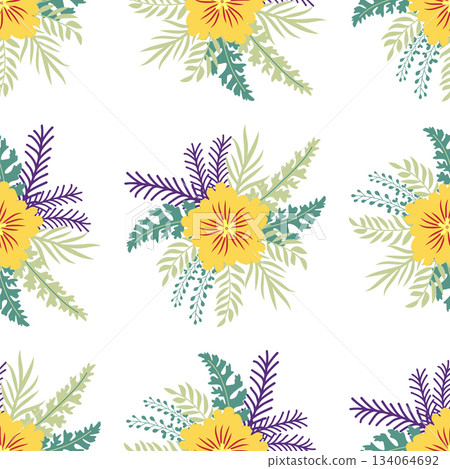 Floral ornament, detailed yellow flowers. Vintage background and old-fashioned floral texture. Repeating design for decor and fabric. Floral ornament, detailed yellow flowers. Vintage background and old-fashioned floral texture. Repeating design for decor and fabric. 134064692