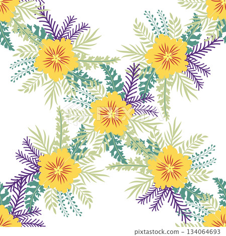 Floral ornament, detailed yellow flowers. Vintage background and old-fashioned floral texture. Repeating design for decor and fabric. 134064693