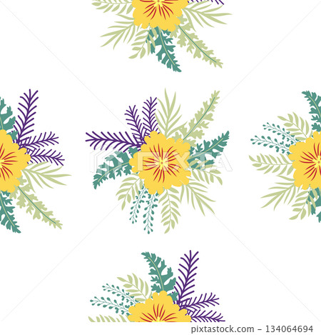 Floral ornament, detailed yellow flowers. Vintage background and old-fashioned floral texture. Repeating design for decor and fabric. 134064694