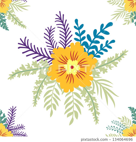 Floral ornament, detailed yellow flowers. Vintage background and old-fashioned floral texture. Repeating design for decor and fabric. Floral ornament, detailed yellow flowers. Vintage background and old-fashioned floral texture. Repeating design for decor and fabric. 134064696