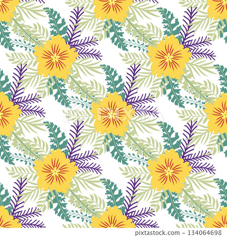 Floral ornament, detailed yellow flowers. Vintage background and old-fashioned floral texture. Repeating design for decor and fabric. 134064698